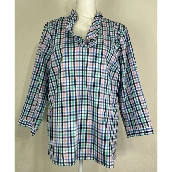 Talbots Petite No Iron Multi Color Ruffle-Neck Popover Gingham Tunic Size 16P - Picture 2 of 13